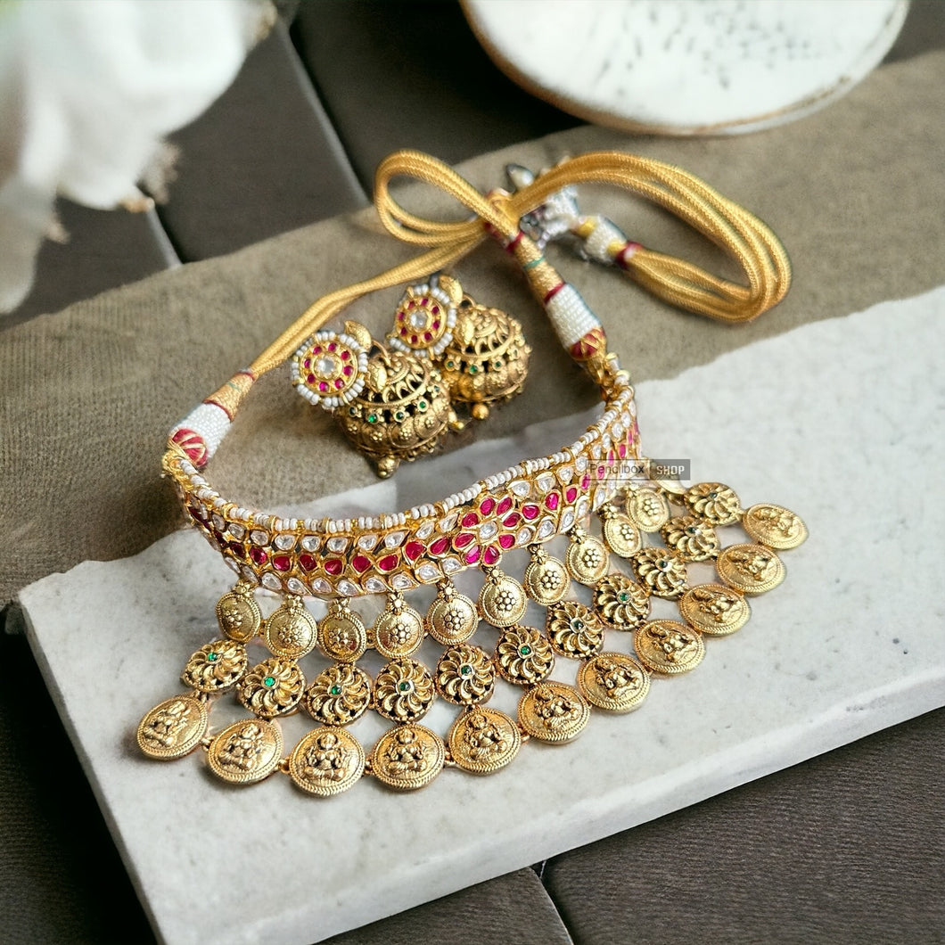 Ruby White Gold plated 1gm Lakshmi choker ethnic temple necklace set