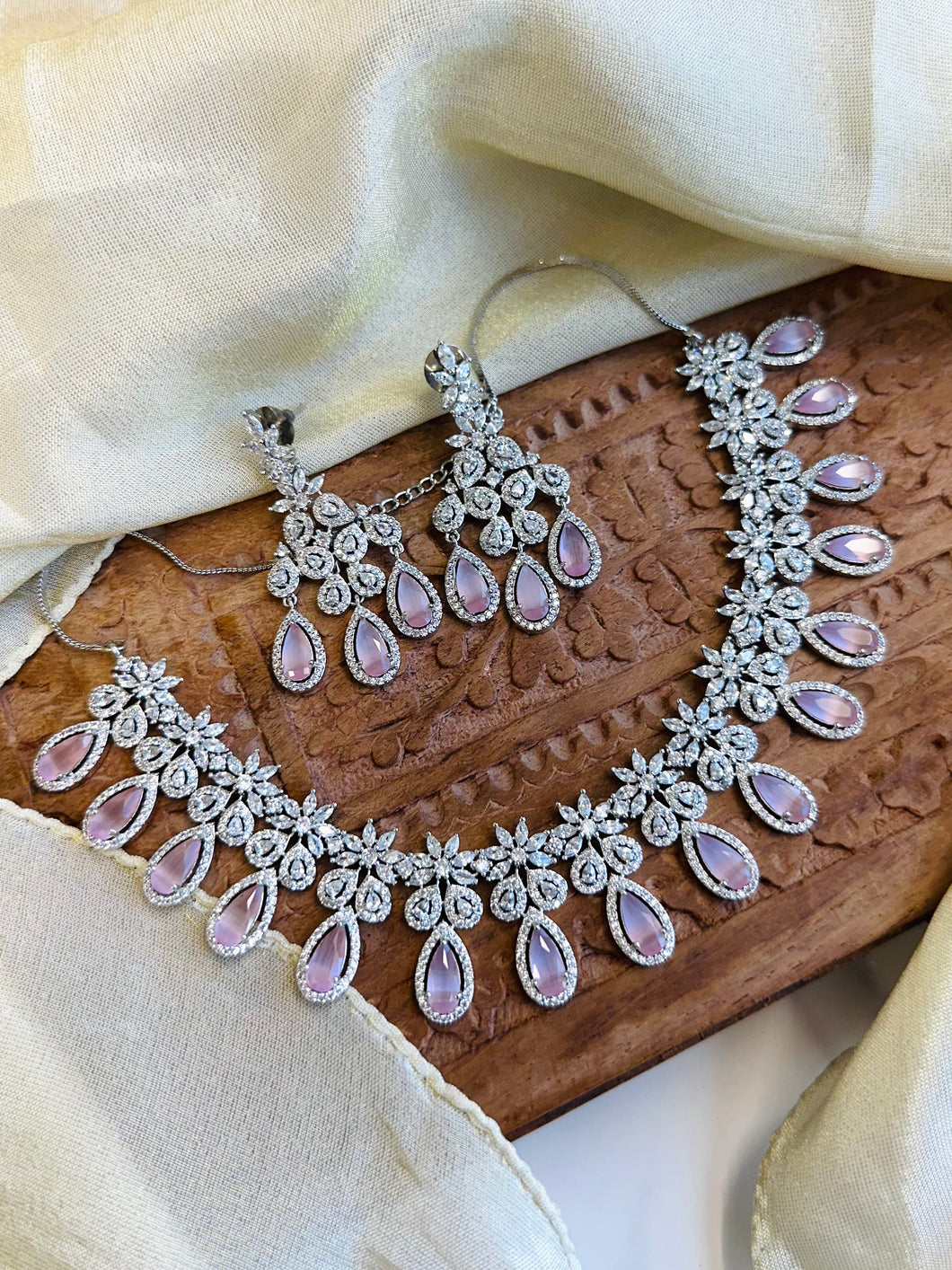 Pink Silver dainty American Diamond Necklace set