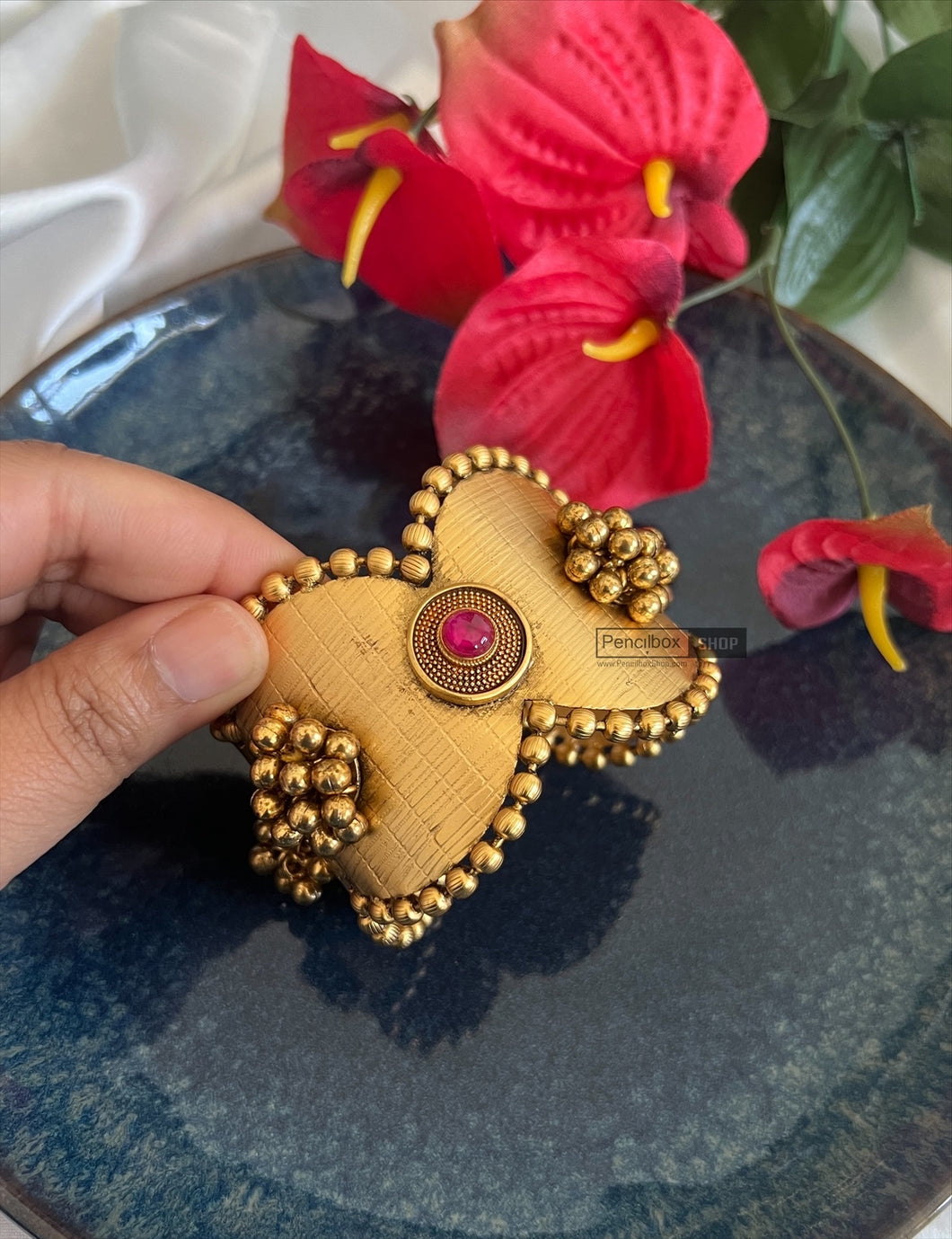 Golden Pearl Ruby Adjustable antique finish cuff kada