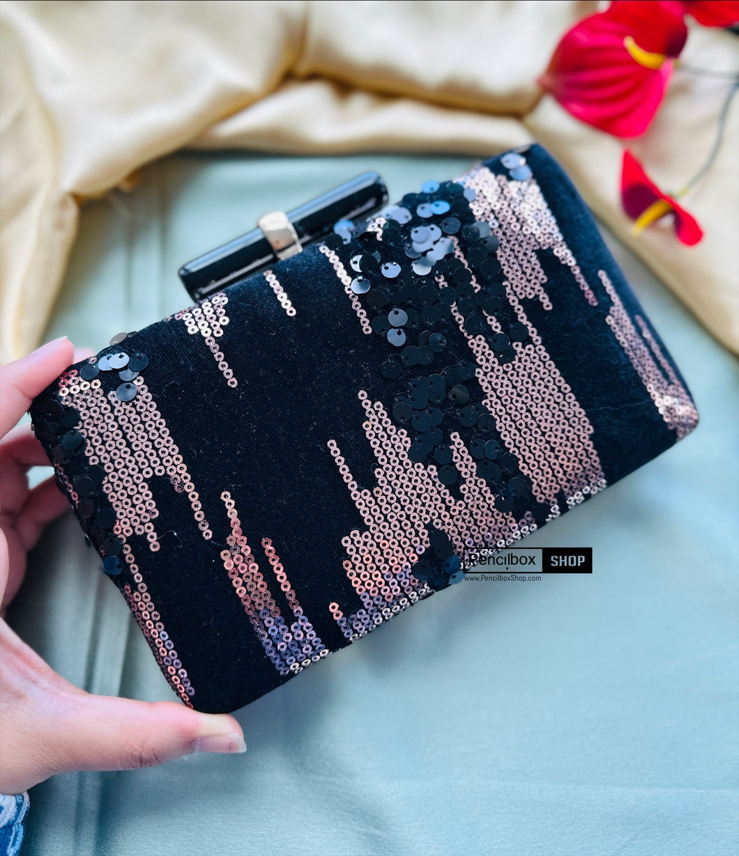 Black rose gold sequins embroidery Ethnic clutch for women with chain