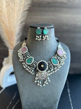 Load image into Gallery viewer, German Silver Carved Stone Pearl ghungroo Necklace set
