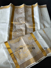 Load image into Gallery viewer, Onam Special Ivory Golden Big motif Cotton Kerala saree
