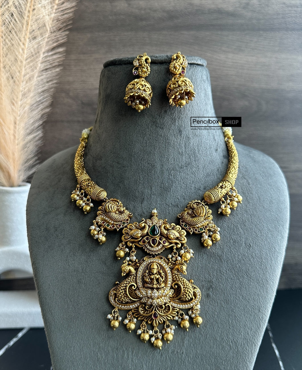Lakshmi ji peacock kemp stone  cz necklace set temple jewelry