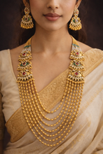 Load image into Gallery viewer, ‘Mira’ Heritage Rajwadi Green White Pearl Long Mala Necklace set
