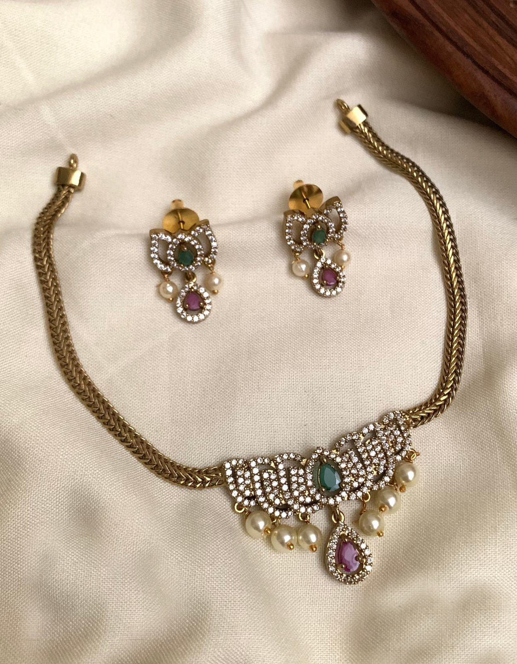 Golden Antique Multicolor Lotus Cz Simple Temple necklace set