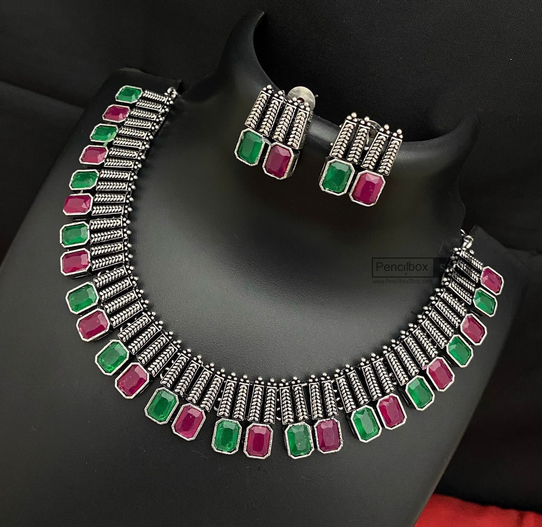 German silver stone simple sleek necklace set