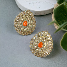 Load image into Gallery viewer, Polki Golden Antique Finish Tear drop stud earrings
