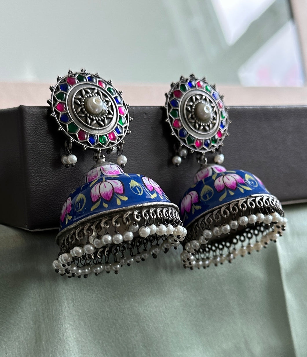 German Silver big handpainted Jhumka earrings