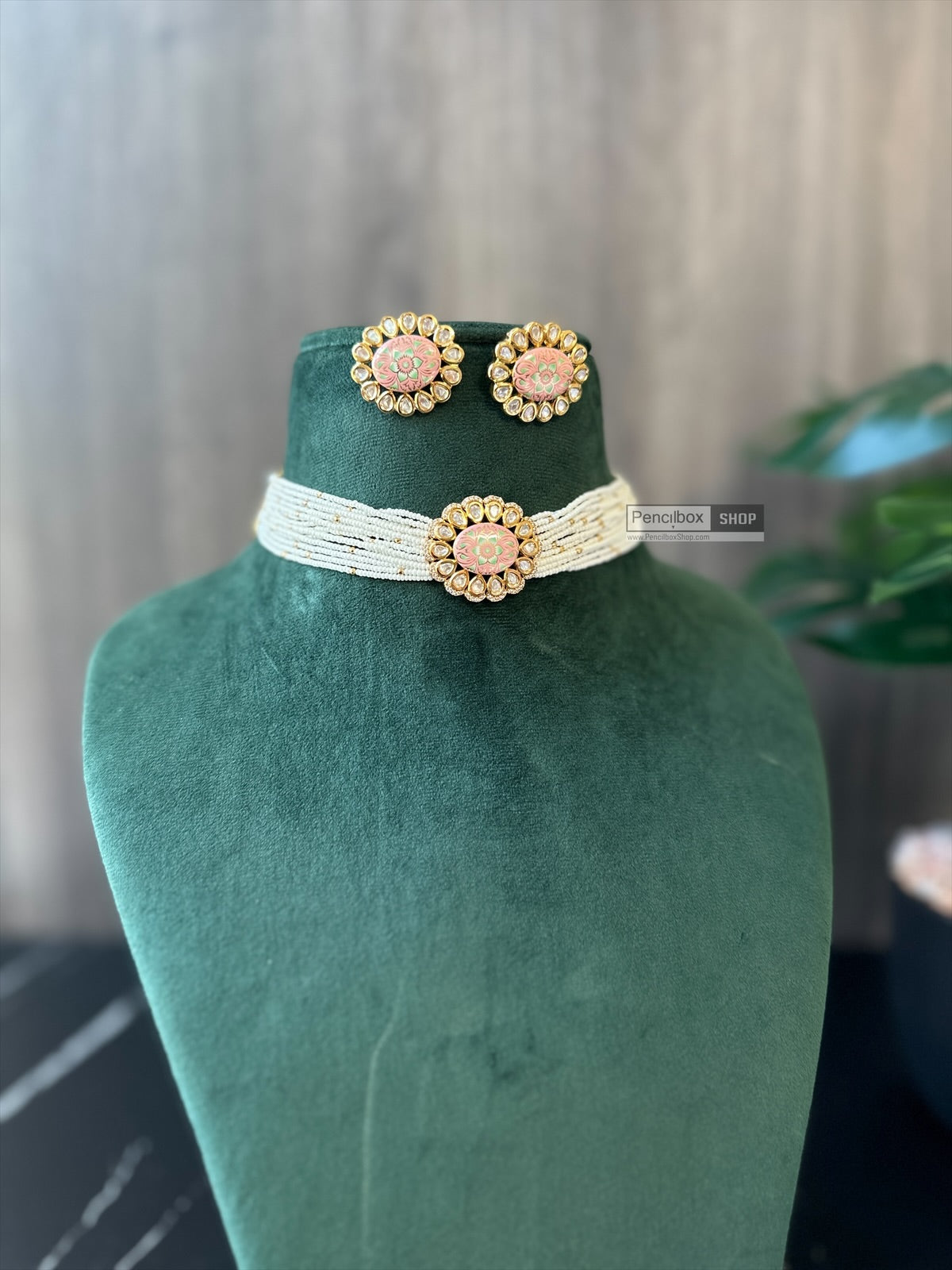 Tayani Gold plated Premium Enamel Pink Mint Choker Necklace set
