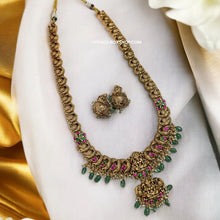 Load image into Gallery viewer, Lakshmi ji Pachi Kundan Double pendant long haram necklace set
