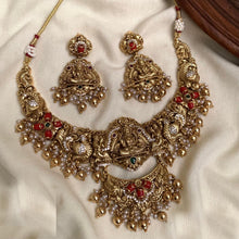 Load image into Gallery viewer, Lakshmi ji peacock coral Ruby green golden Temple Necklace set
