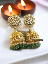 Load image into Gallery viewer, Mor Pachi Kundan Brass White Green Jhumka Statement Designer Earrings
