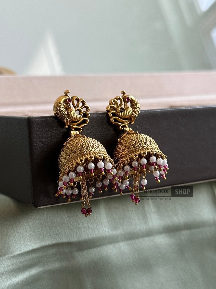 Peacock Carved Small Jhumka pearl earrings