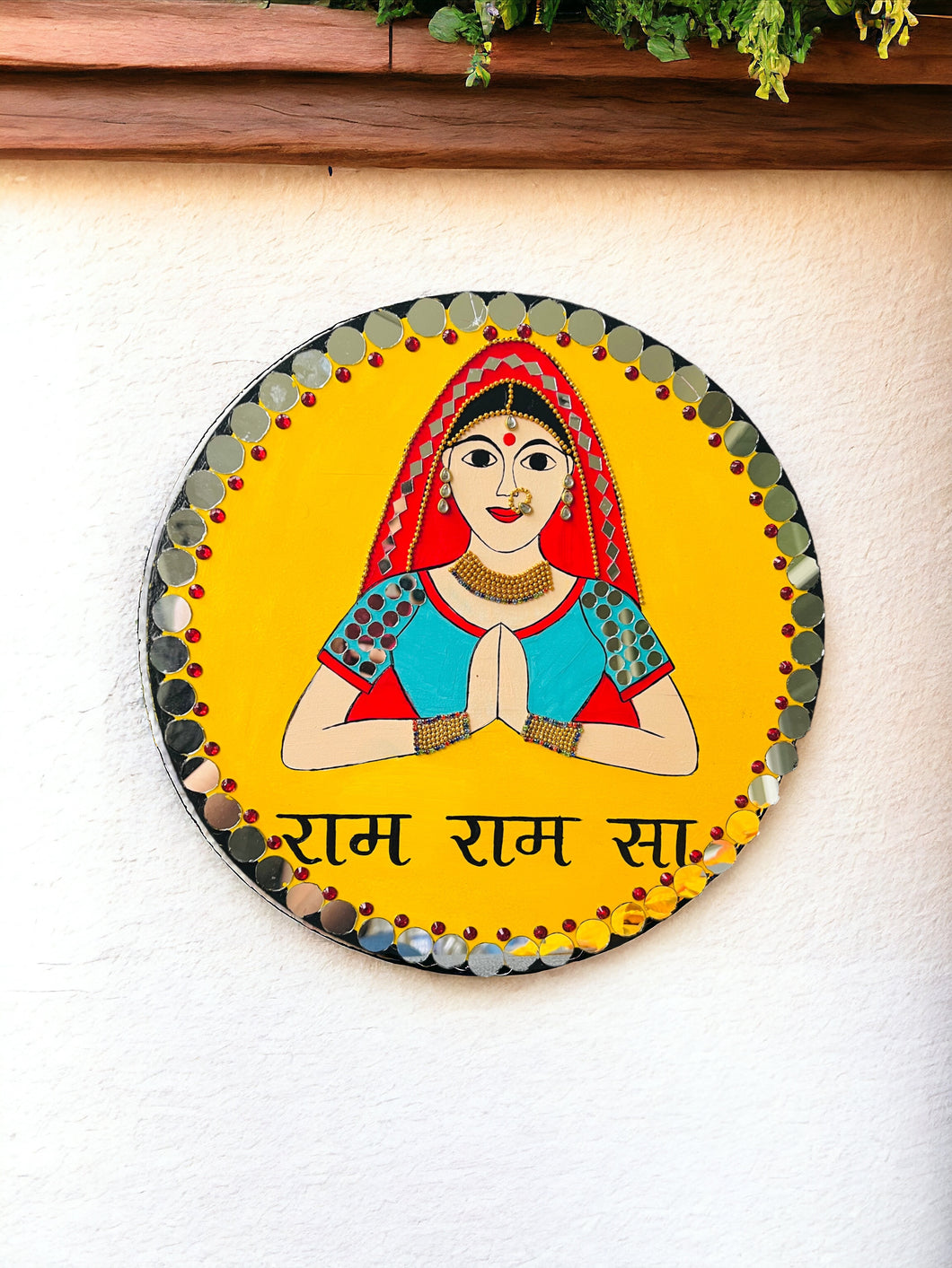 Handpainted RAM RAM SA ( Hindi) Yellow Mirror Women Wall Hanging