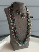 Load image into Gallery viewer, German Silver Premium Flower Stone Long Statement Necklace set
