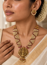 Load image into Gallery viewer, Lakshmi ji  Pearls Ruby Kemp Stone Grand Bridal Designer Statement Haram Temple Necklace set Jewelry
