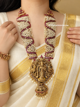 Load image into Gallery viewer, Lakshmi ji  Pearls Ruby Kemp Stone Grand Bridal Designer Statement Haram Temple Necklace set Jewelry
