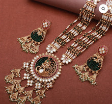 Load image into Gallery viewer, Rajwadi Peacock Rajwadi Green White Pearl Long Mala Necklace set
