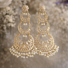 Load image into Gallery viewer, 14k Gold plated White Three layered Chandbali Jhumka earrings

