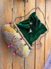 Load image into Gallery viewer, Kashmiri Clutch Pachi Work Green Potli tassel Handmade Brass
