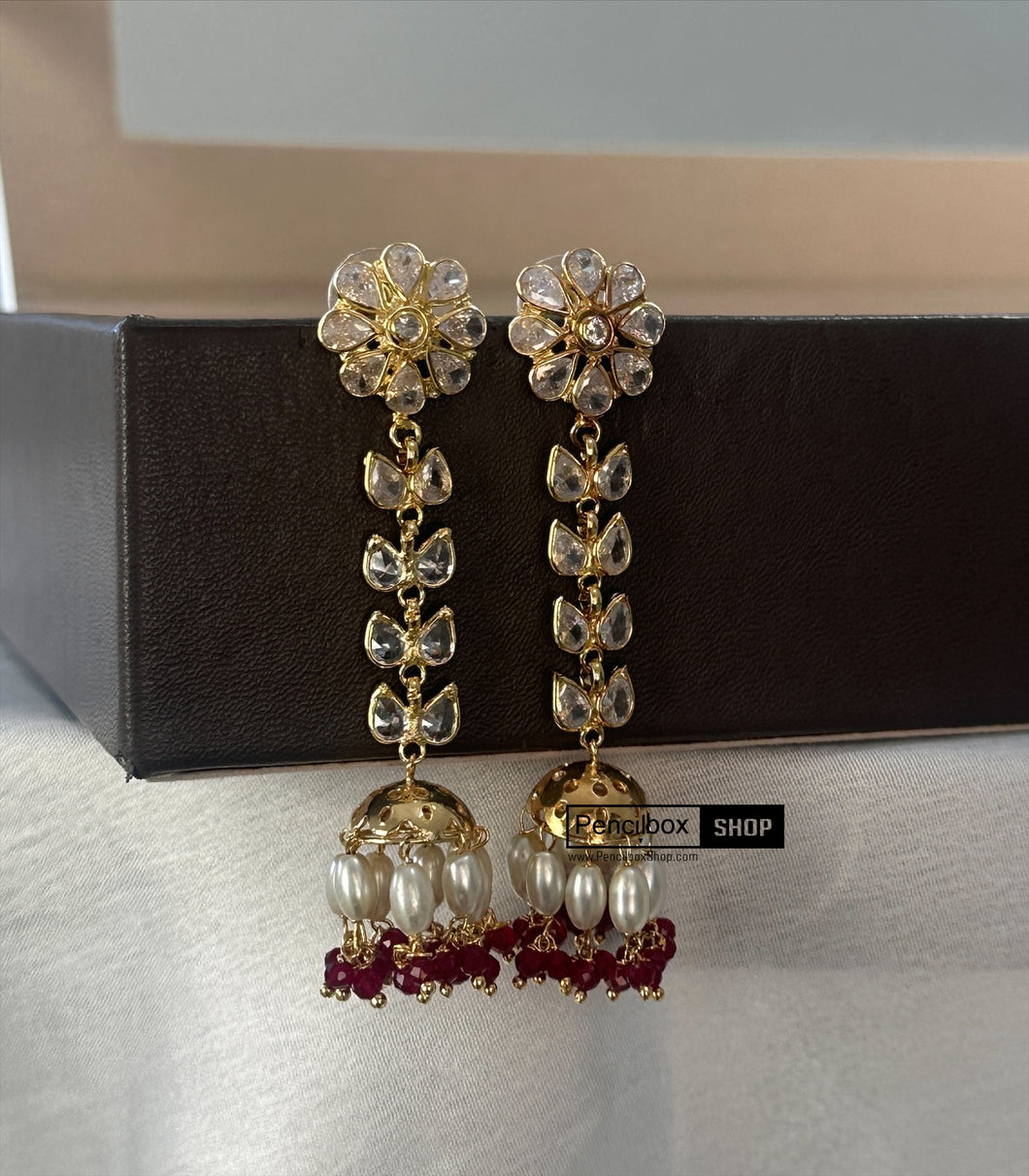 14k Gold plated ruby White Pearl Temple earrings
