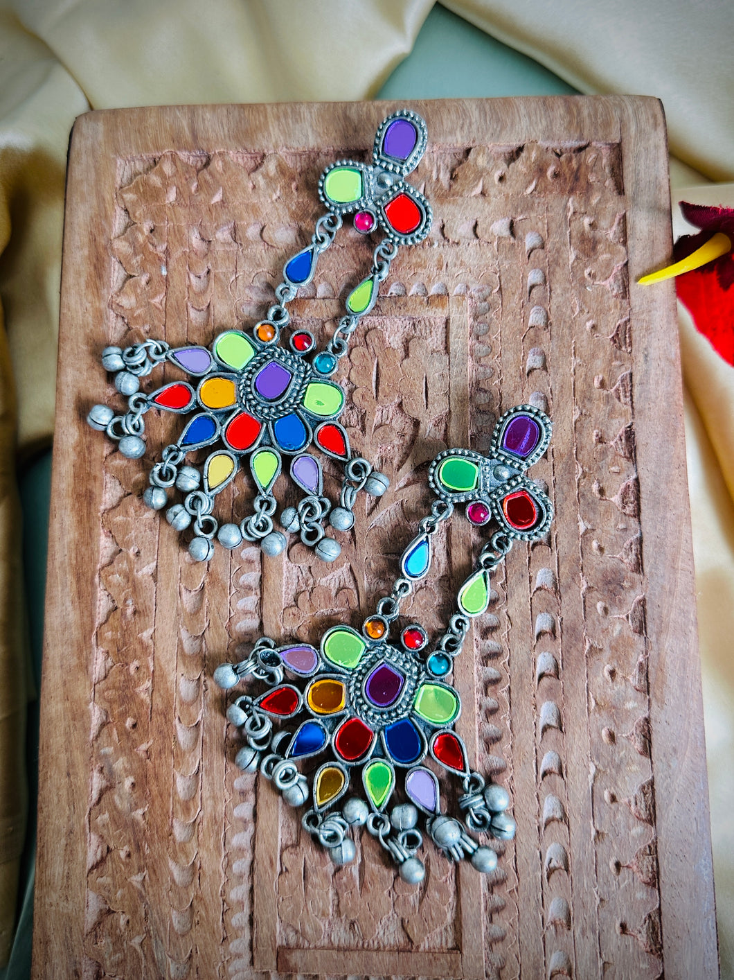 Mirror Multicolor Afghani ghungroo Long Jhumka Earrings