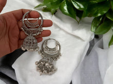 Load image into Gallery viewer, Silver Polki Pearl Hanging Drop Hoop Earrings
