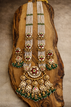 Load image into Gallery viewer, Rajwadi Pearl Heavy Long Mala Kemp stone Golden necklace set
