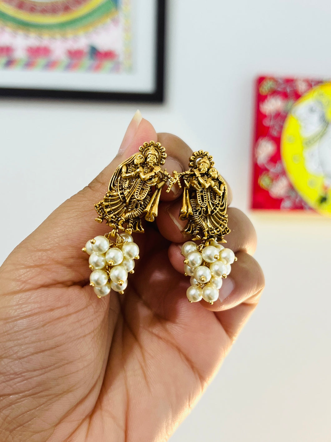 Radha Krishna Pearl Temple earrings
