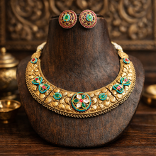 Load image into Gallery viewer, Golden antique German silver Pachi Fusion Multicolor Necklace set
