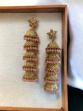 Load image into Gallery viewer, Long five layered polki jhumki pink Earrings
