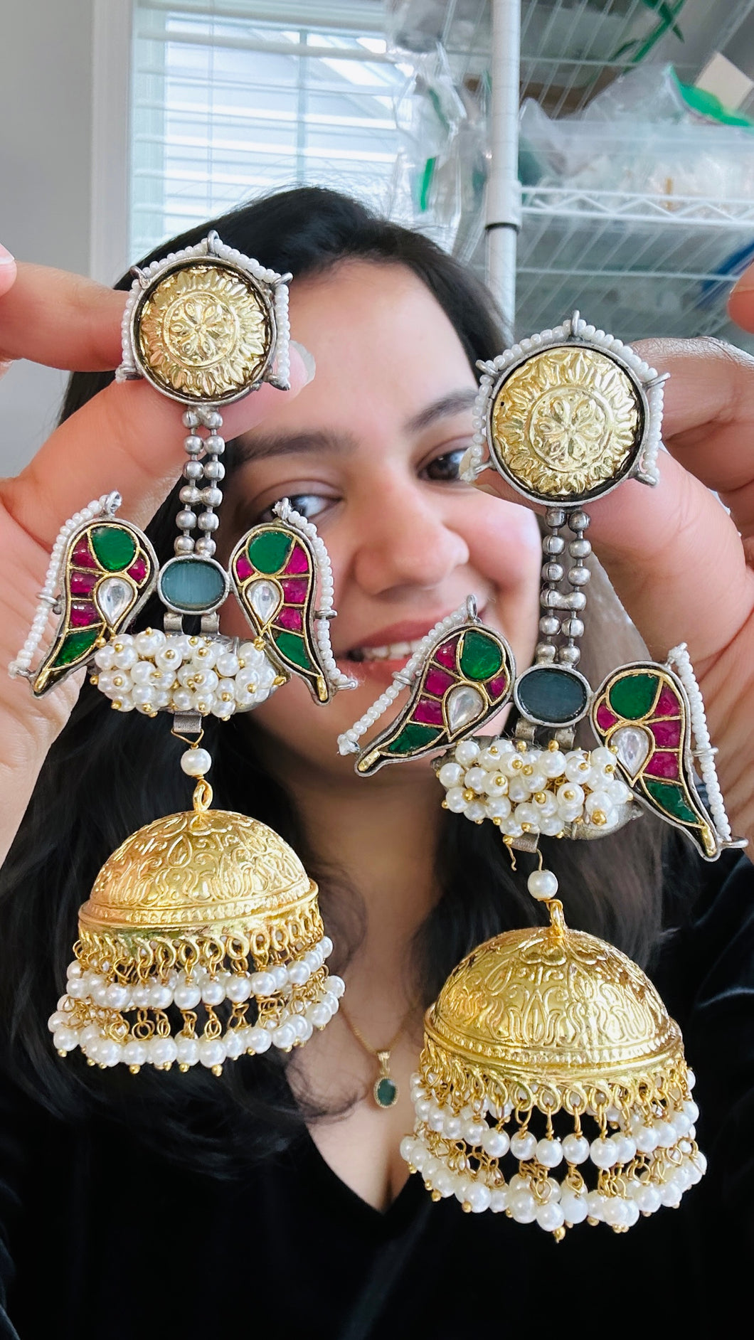 Anaya German Silver Golden antique pearl multicolor Jumbo jhumkas earrings
