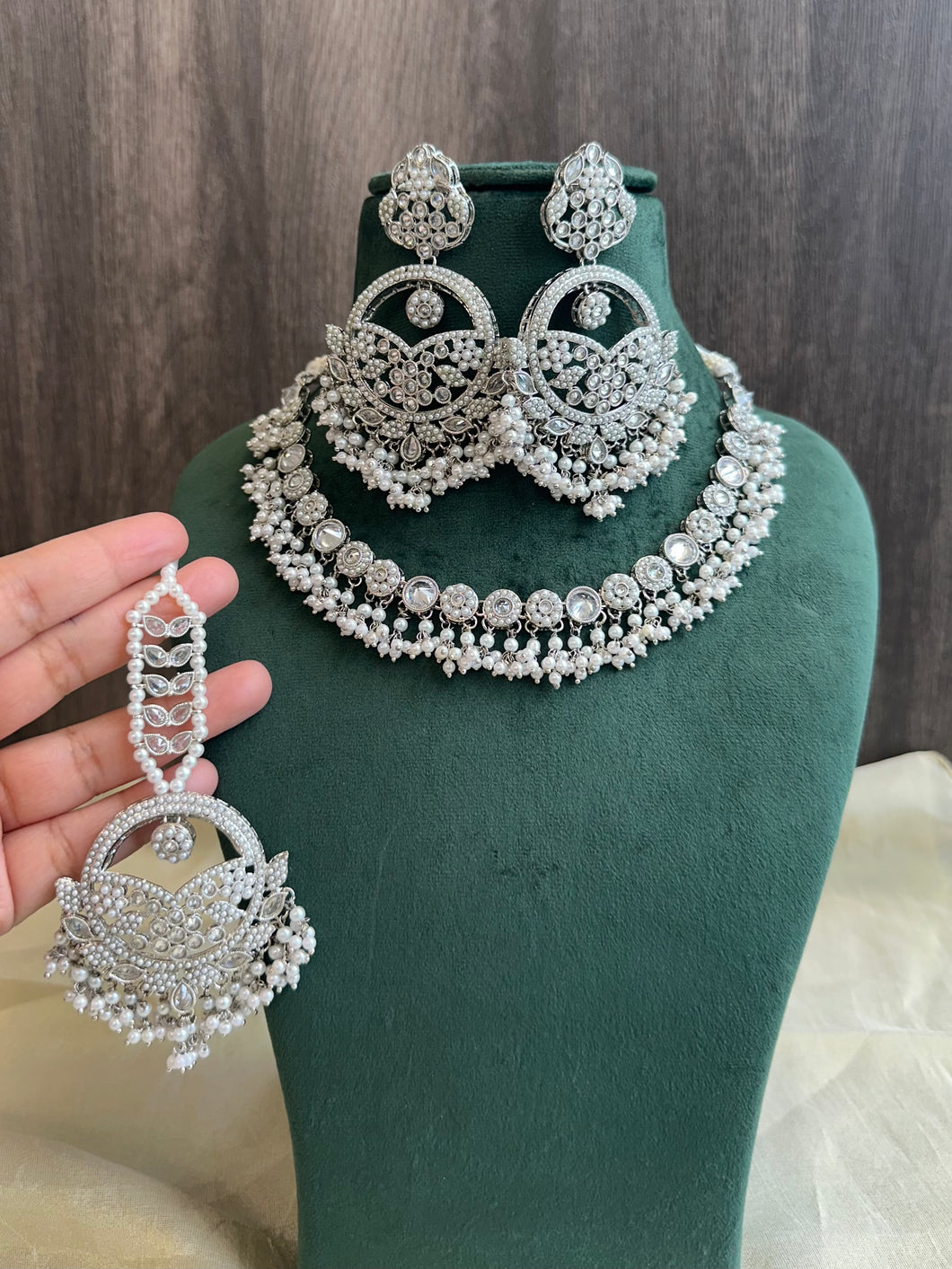 Polki Necklace pearl Set with maangtikka