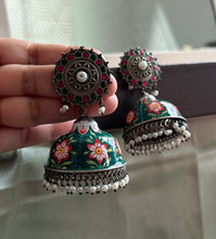 Load image into Gallery viewer, German Silver big handpainted Jhumka earrings
