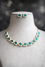 Load image into Gallery viewer, Emma White Green Enamel Designer Inspired Dainty American Diamond Necklace set
