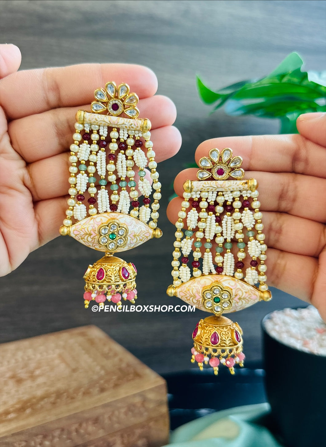 Ethnic Meenakari pastel Pearl Drop Dangling Earrings