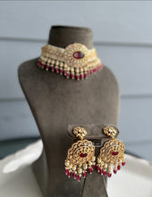 Load image into Gallery viewer, Exclusive Red White Doublet Pearl tayani 22k gold plated choker necklace set
