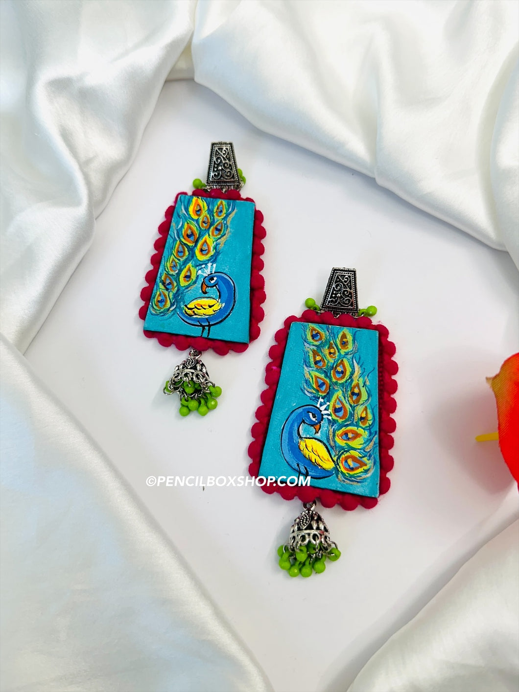 Handpainted Handmade Peacock pink Blue Navratri earrings