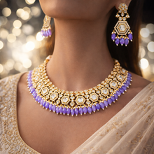 Load image into Gallery viewer, Purple 22k Gold plated Tayani Premium Statement Necklace set with maangtikka
