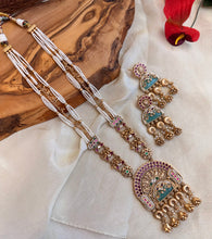 Load image into Gallery viewer, Rajwadi Pearl Ghungroo Long Mala Kemp stone Golden necklace set
