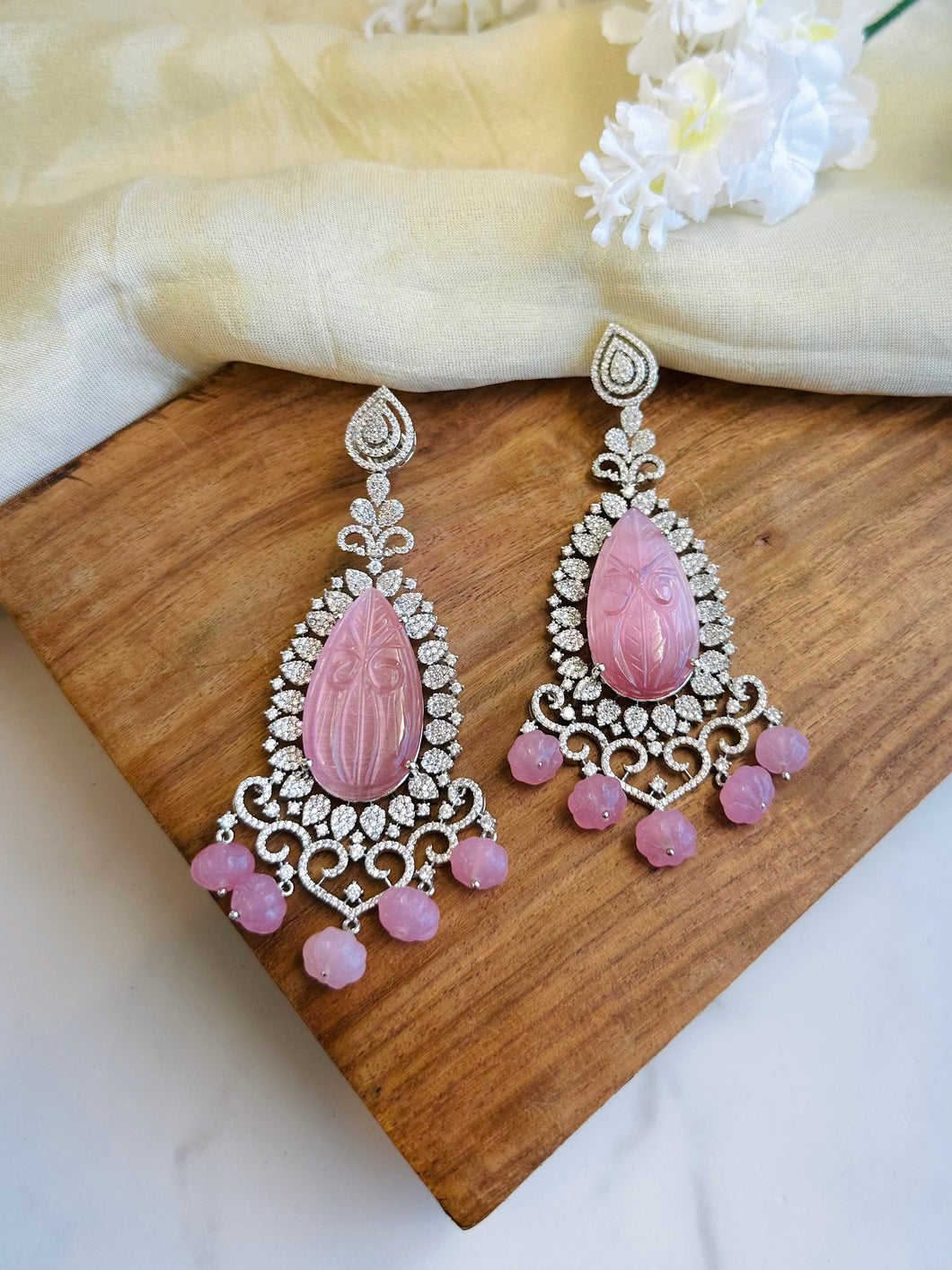 Pink Carved Stone American Diamond Silver Statement Designer Earrings