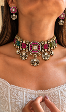 Load image into Gallery viewer, Multicolor Navratan Moissanite Gold Plated Choker Premium Necklace Set with Earrings

