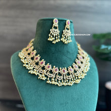 Load image into Gallery viewer, Multiple Colors-Golden guttapusalu cz Ethnic Necklace set temple jewelry
