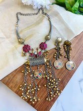 Load image into Gallery viewer, German Silver lookalike pachi Kundan Ghungroo print Necklace set
