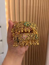 Load image into Gallery viewer, Swaroski work Inlay Ghungroo work Gold Look Openable Bangle Kada Set

