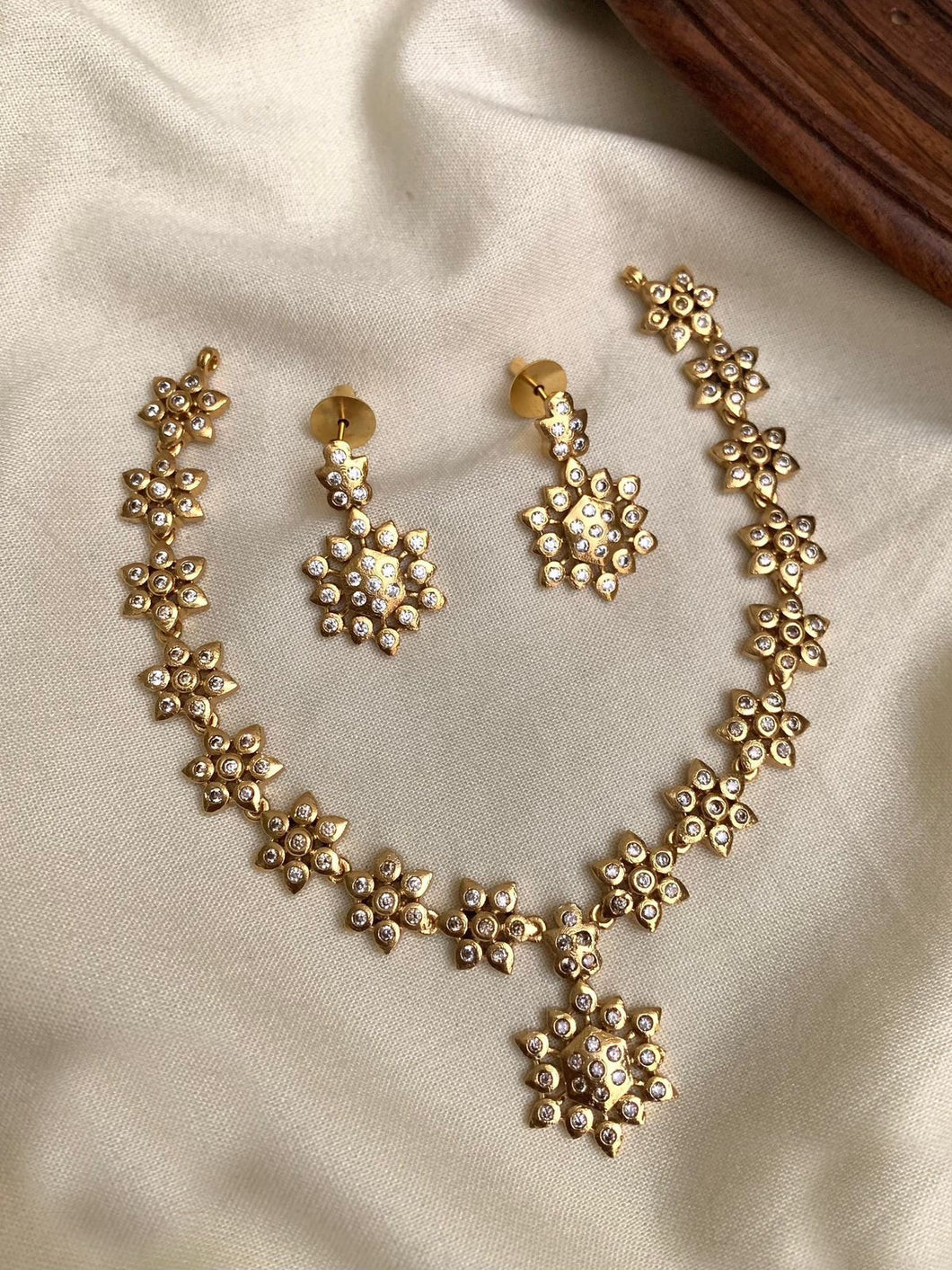 Golden Cz Premium Flower Ethnic Temple necklace set