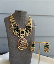 Load image into Gallery viewer, Mitali Ruby green golden kemp stone Peacock hydro beads Necklace set Temple Jewelry
