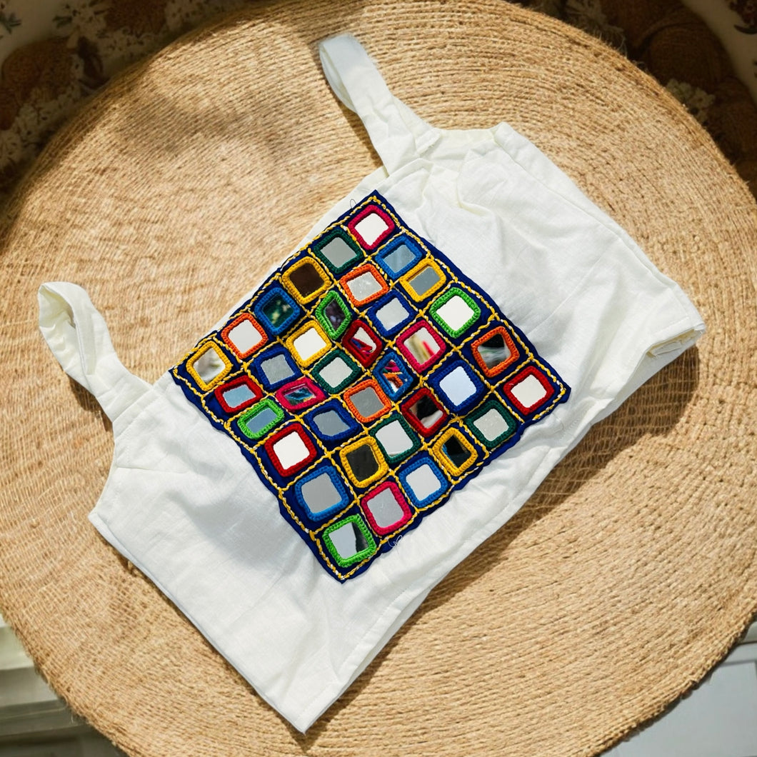38 size White Multicolor Big Mirror Navratri Cotton Blouse with margin