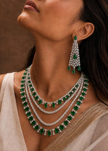 Load image into Gallery viewer, Four Layered Green Premium american diamond Real Looking Silver necklace set
