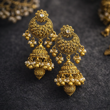 Load image into Gallery viewer, Golden Kundan Pearl drop Indian jhumka ethnic earrings

